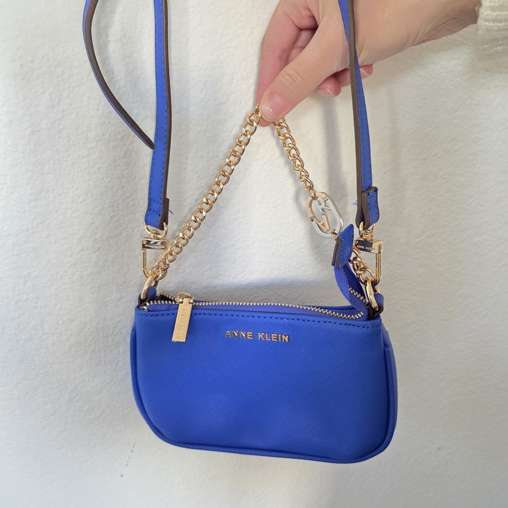 Anne Klein Royal Blue Crossbody Bag With Gold Chain Mini Purse Removable Strap